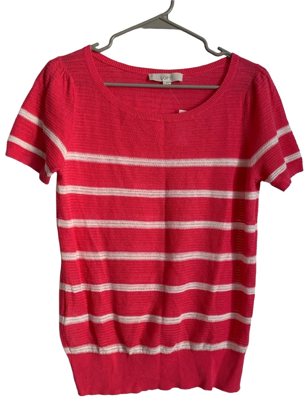 LOFT Women’s Pink White Stripe Open Weave Rounded Neck Short Sleeve